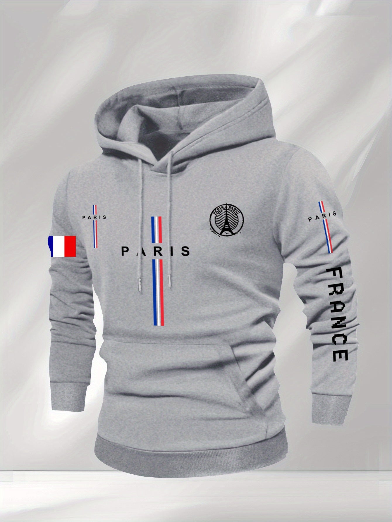 Men’s Casual Paris Graphic Hooded Sweatshirt – Geometric Print with Eiffel Tower & French Flag Stripes, Regular Fit, Beige, Autumn/Winter Casual Apparel