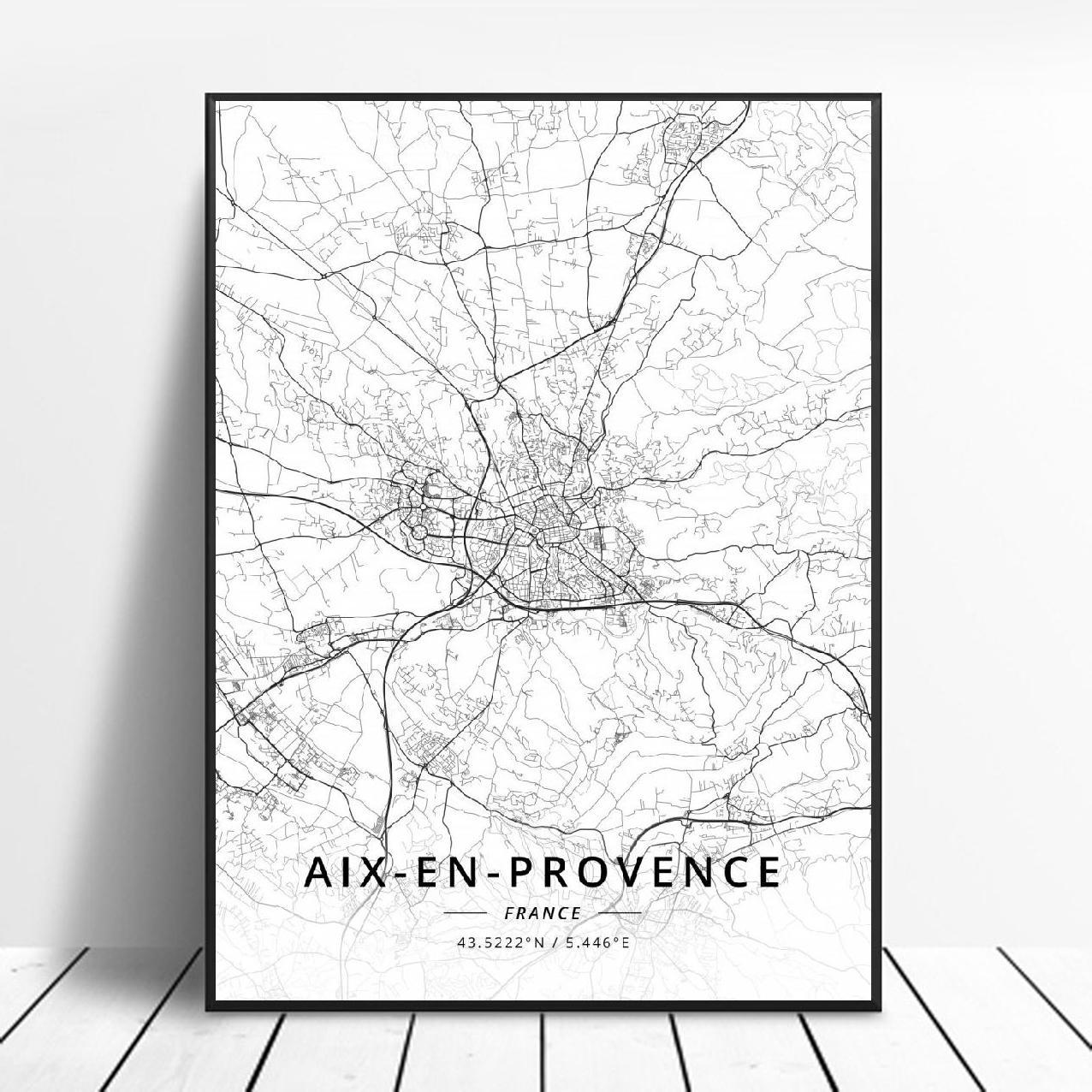 Artistic Map Poster Canvas Saint-Etienne Caen Aix-en-Provence Calais France