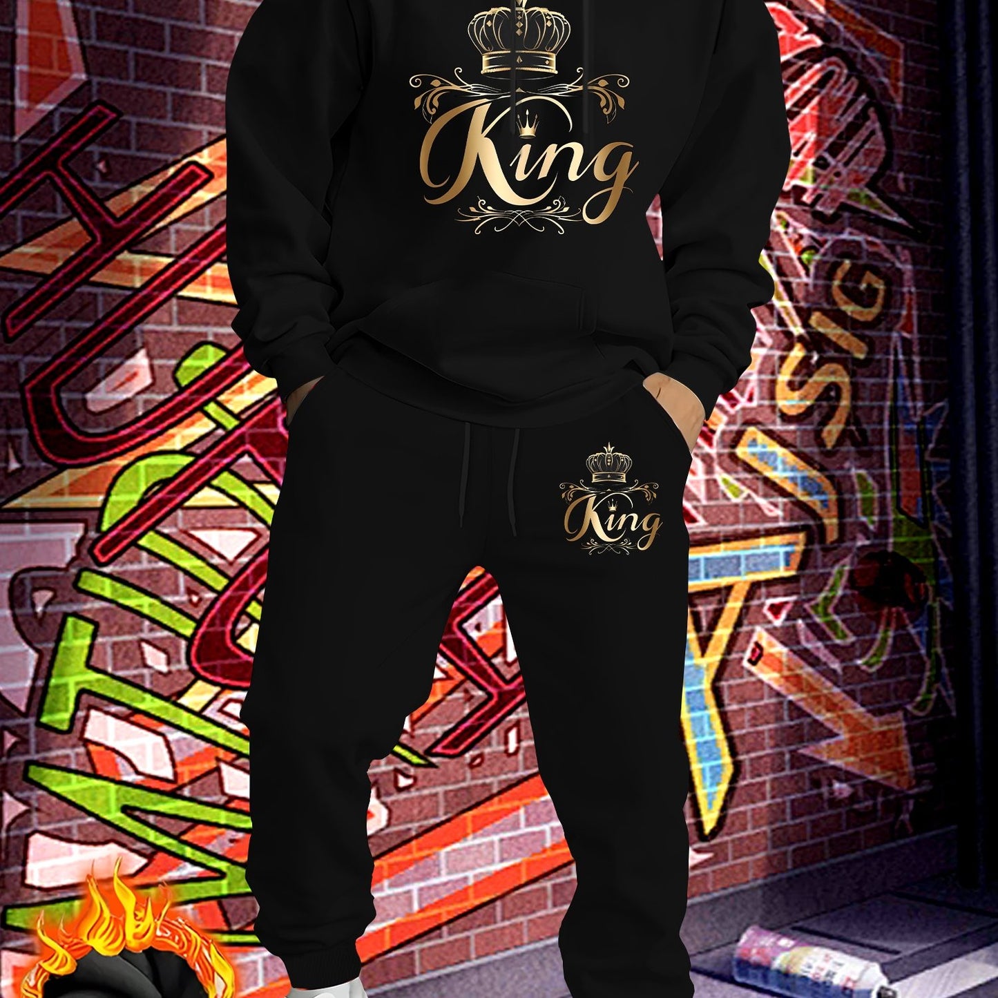 Men'S Fleece-Lined Hooded Sweatshirt & Jogger Set - "King" Graphic Print, Casual Fall/Winter Outfit, Regular Fit, Slight Stretch Fabric, Trendy Streetwear Style