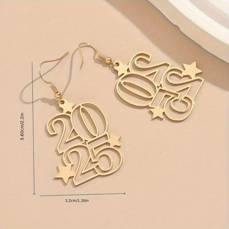 Nouvelles boucles d'oreilles pendantes créatives Gloden Number 2025 pour femmes, bijoux tendance, boucle d'oreille du Nouvel An pour fête