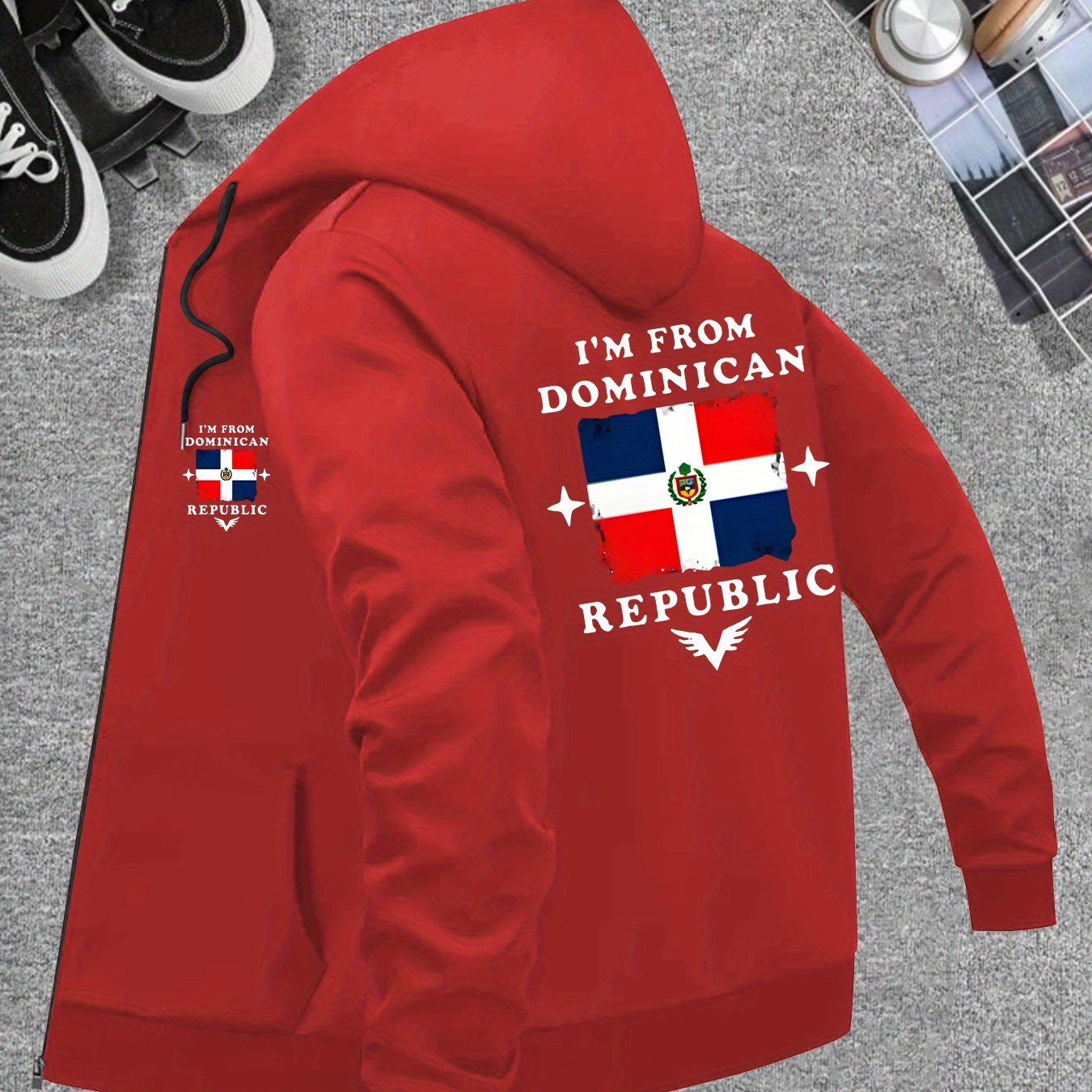 Men’s Windproof Hooded Jacket – “I’m from Dominican Republic” Print, Lightweight Zip-Up Casual Windbreaker, Black with Red &amp; White Flag Design, Ideal for Spring &amp; Fall Outdoor Wear