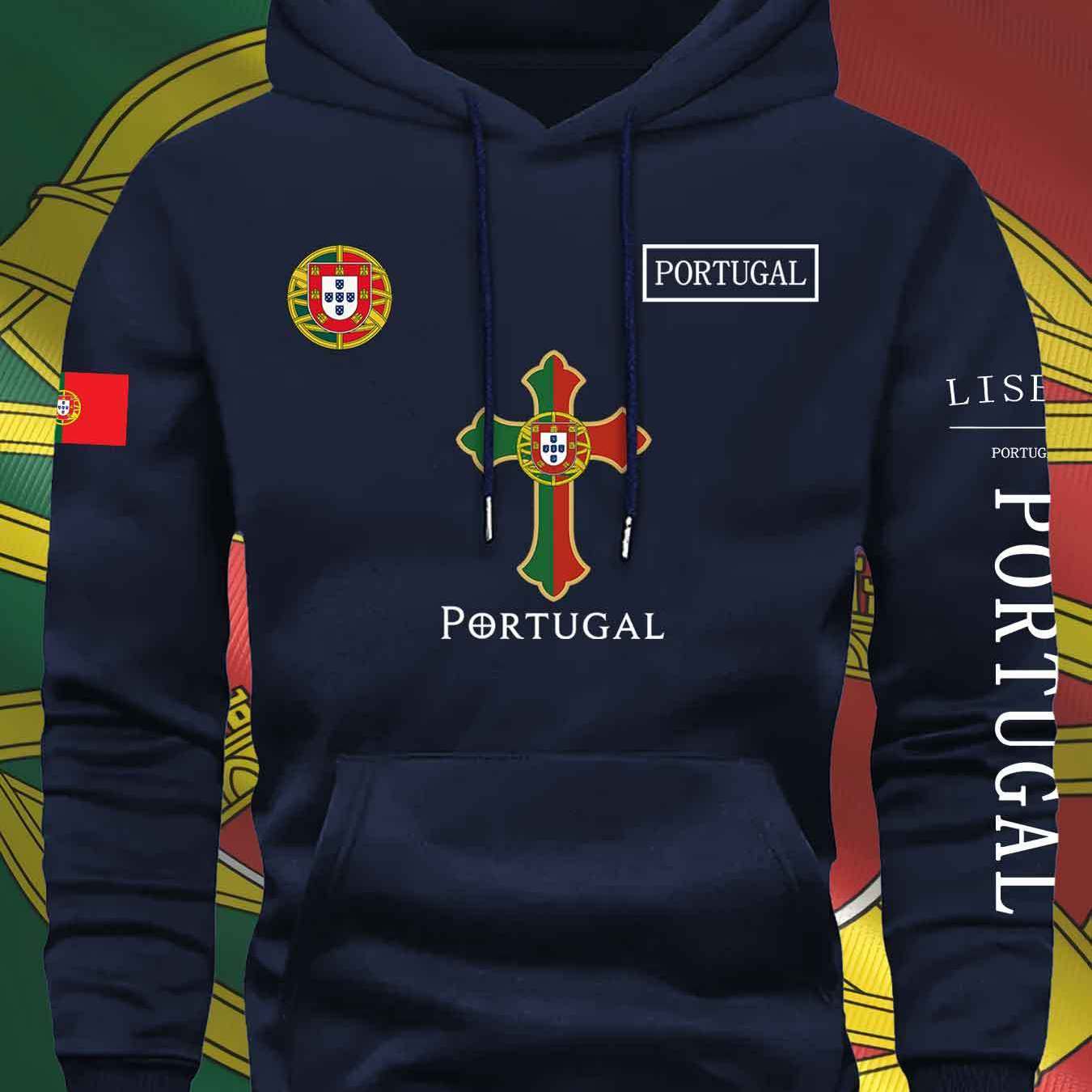 KOURRTER Men'S & Women'S Casual Hoodie - Autumn Winter Sporty Outdoor Hooded Sweatshirt with Portugal Flag & Cross Design, Comfortable Regular Fit with Pockets, Sweater Hoodie