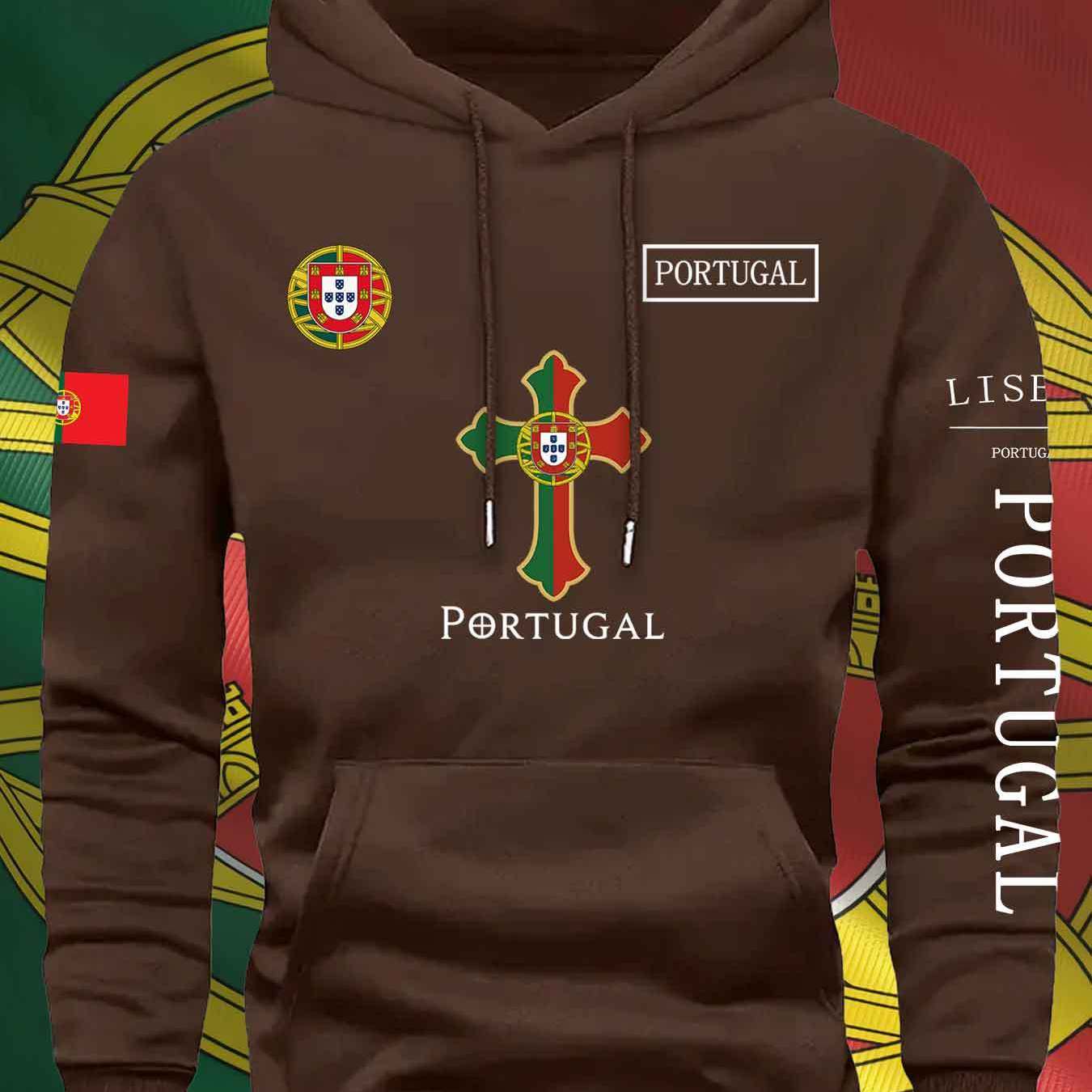 KOURRTER Men'S & Women'S Casual Hoodie - Autumn Winter Sporty Outdoor Hooded Sweatshirt with Portugal Flag & Cross Design, Comfortable Regular Fit with Pockets, Sweater Hoodie