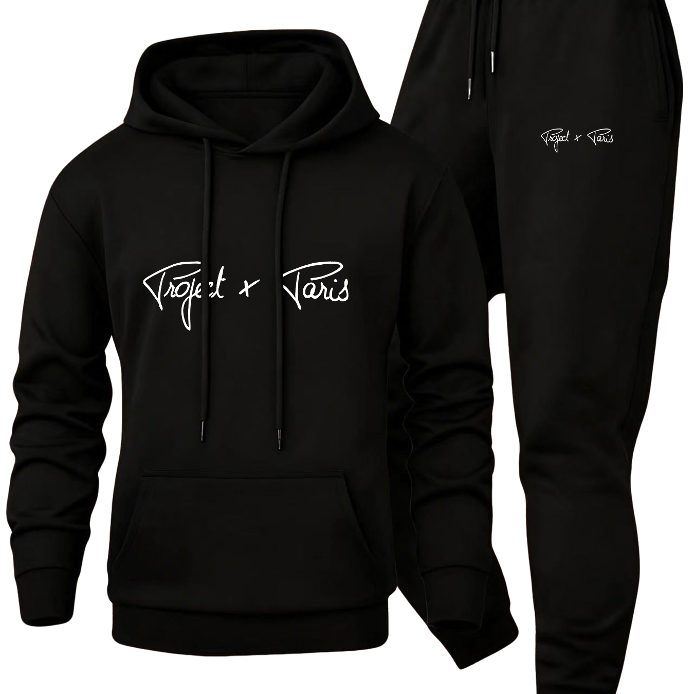 Autumn and Winter Men'S Fleece-Lined Thickened Hooded Sweatshirt and Jogger Casual Sport Two-Piece Set, Polyester Fabric, Project X Paris Letter Print - 2pcs, Knit, Casual Sport Two-piece Set