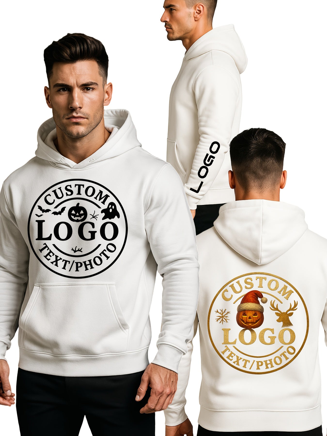 Customizable LOGO Hoodie & Sweatshirt - Unisex Pullover with Personalized Text/Photo/Design, Breathable Fabric, Regular Fit for Men & Women, Perfect Gift for Halloween, Christmas, Couple Celebrations, Casual Wear, Streetwear