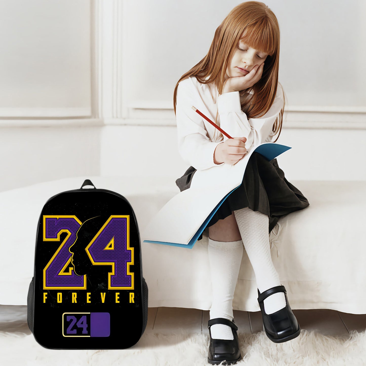 1pc 17-Inch Lightweight Black Backpack with Purple & Yellow "24 Forever" Print - Adjustable Shoulder Straps, Zipper Closure, Foldable Design for Travel, Commuting, and Casual Use, Casual Daypack | Sporty Backpack | Adjustable