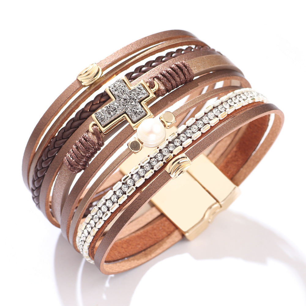 Cross Braided Multi-layer Diamond-studded Magnetic Bracelet