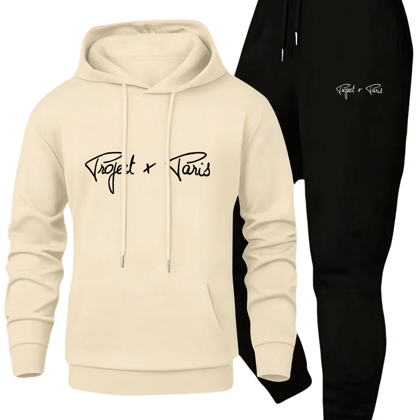 Autumn and Winter Men'S Fleece-Lined Thickened Hooded Sweatshirt and Jogger Casual Sport Two-Piece Set, Polyester Fabric, Project X Paris Letter Print - 2pcs, Knit, Casual Sport Two-piece Set