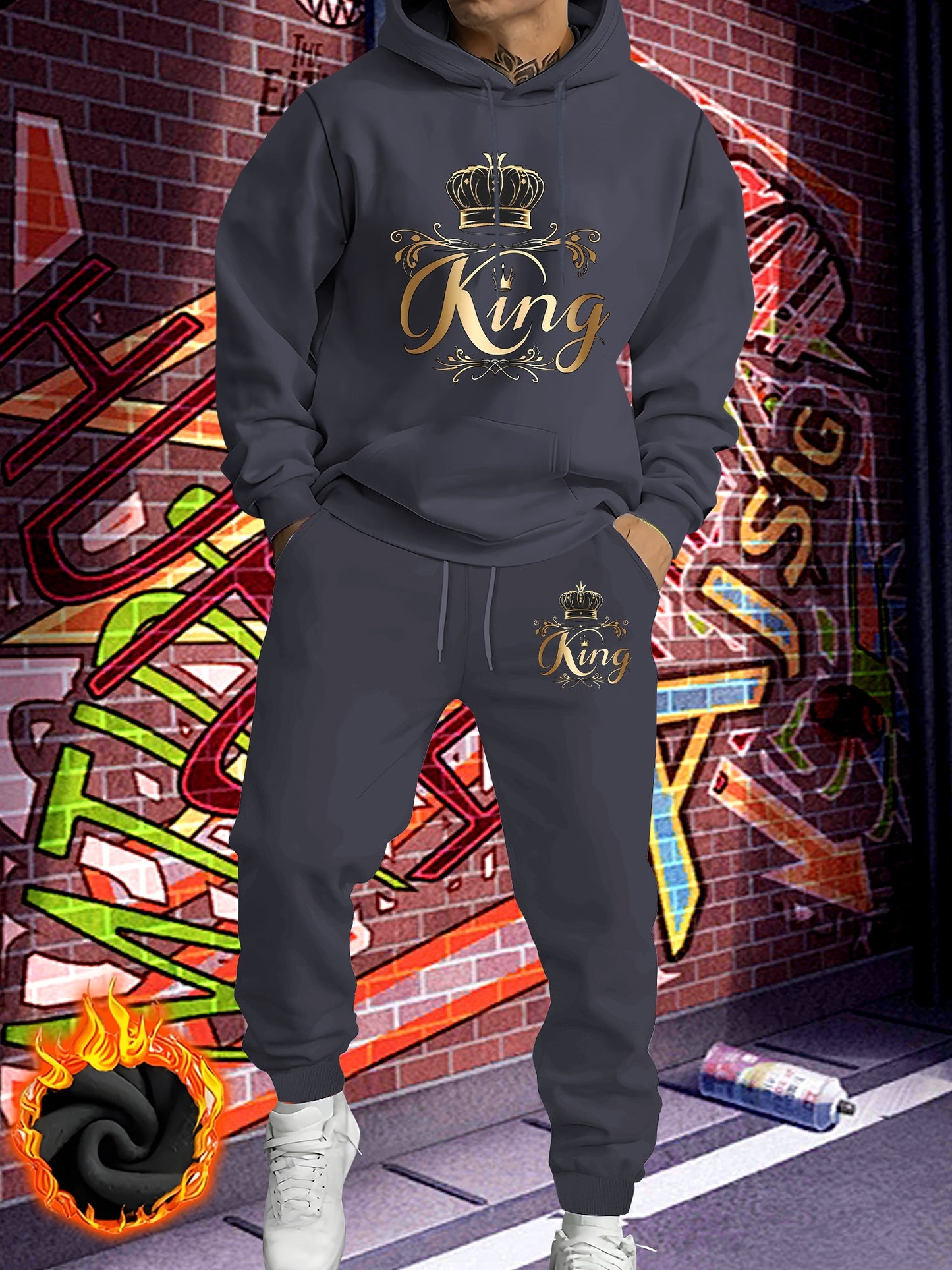 Men'S Fleece-Lined Hooded Sweatshirt & Jogger Set - "King" Graphic Print, Casual Fall/Winter Outfit, Regular Fit, Slight Stretch Fabric, Trendy Streetwear Style