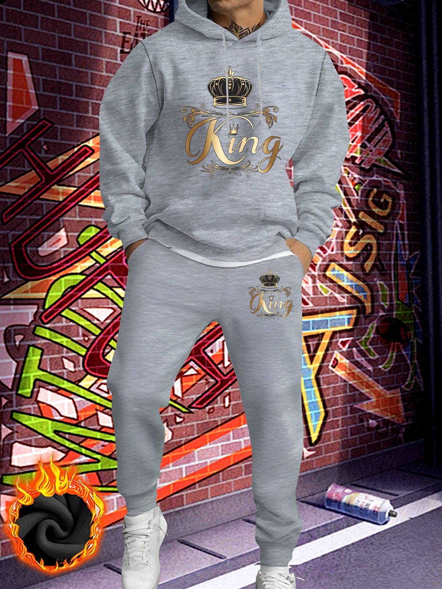 Men'S Fleece-Lined Hooded Sweatshirt & Jogger Set - "King" Graphic Print, Casual Fall/Winter Outfit, Regular Fit, Slight Stretch Fabric, Trendy Streetwear Style