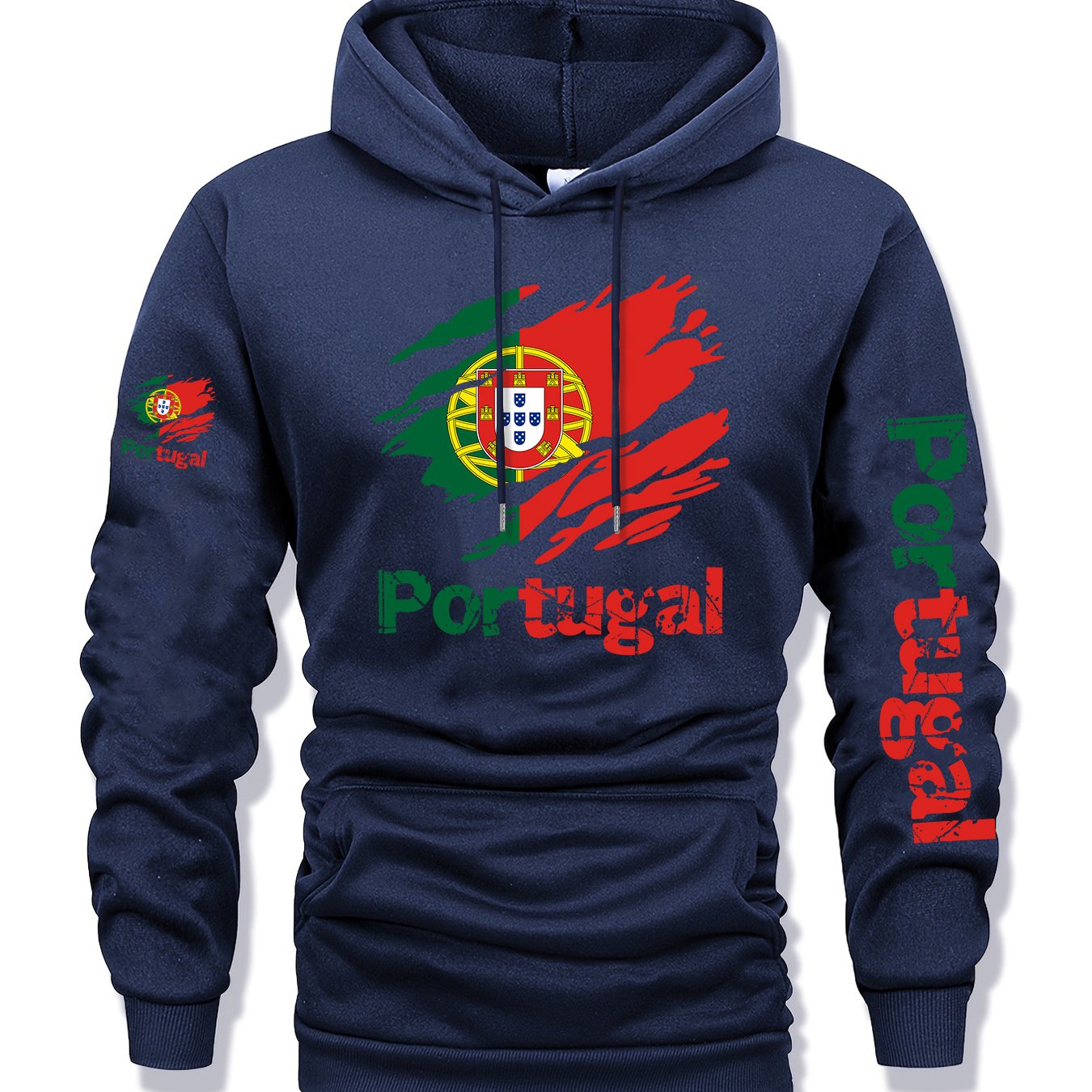 Men'S Portugal Flag Graphic Hooded Sweatshirt - Navy Blue with Red & Green Emblem, Casual Streetwear Pullover for Autumn/Winter, Regular Fit Outdoor & Casual Attire, Durable Fabric