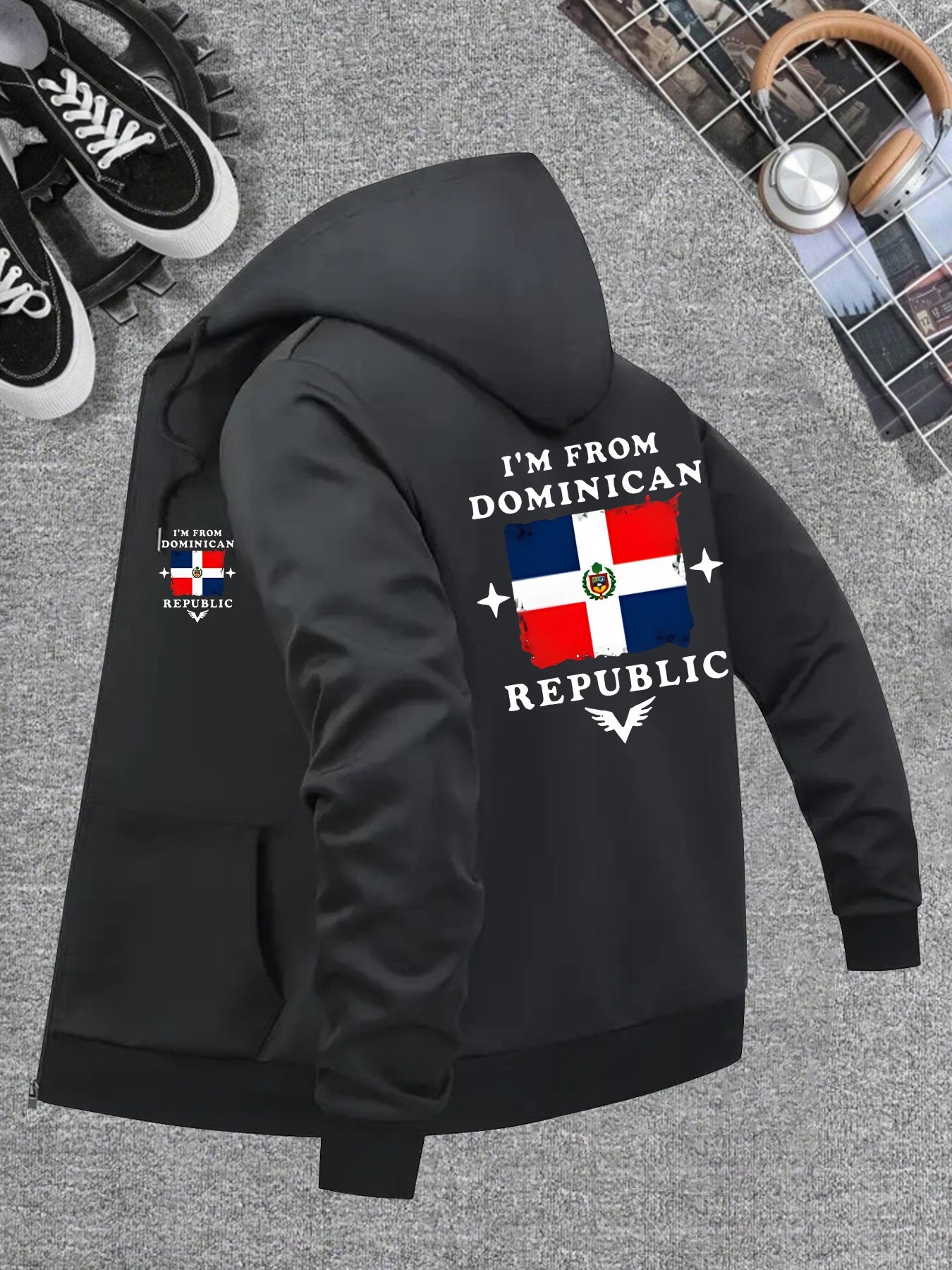 Men’s Windproof Hooded Jacket – “I’m from Dominican Republic” Print, Lightweight Zip-Up Casual Windbreaker, Black with Red &amp; White Flag Design, Ideal for Spring &amp; Fall Outdoor Wear