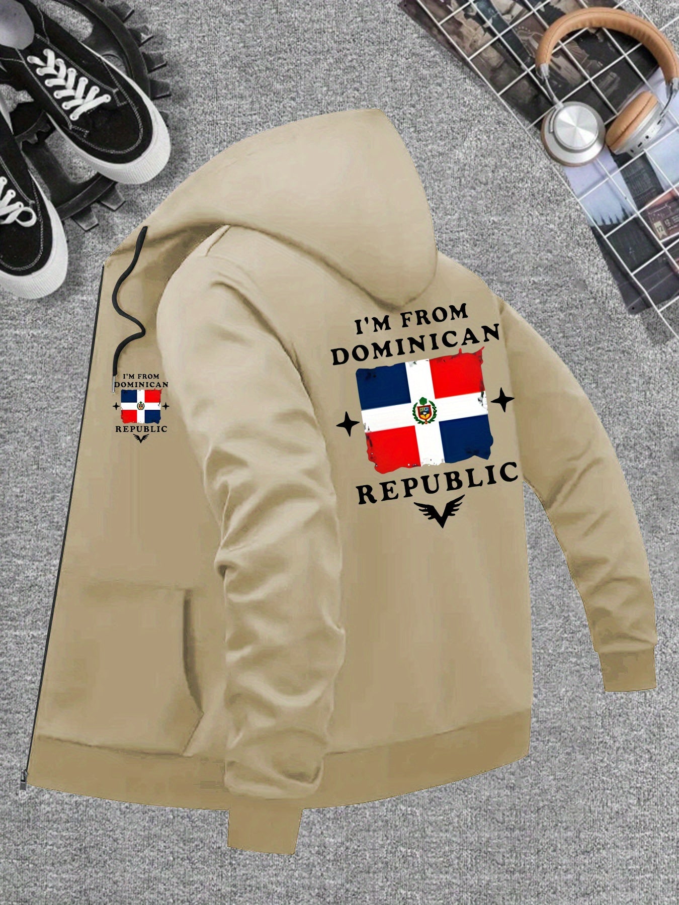 Men’s Windproof Hooded Jacket – “I’m from Dominican Republic” Print, Lightweight Zip-Up Casual Windbreaker, Black with Red &amp; White Flag Design, Ideal for Spring &amp; Fall Outdoor Wear