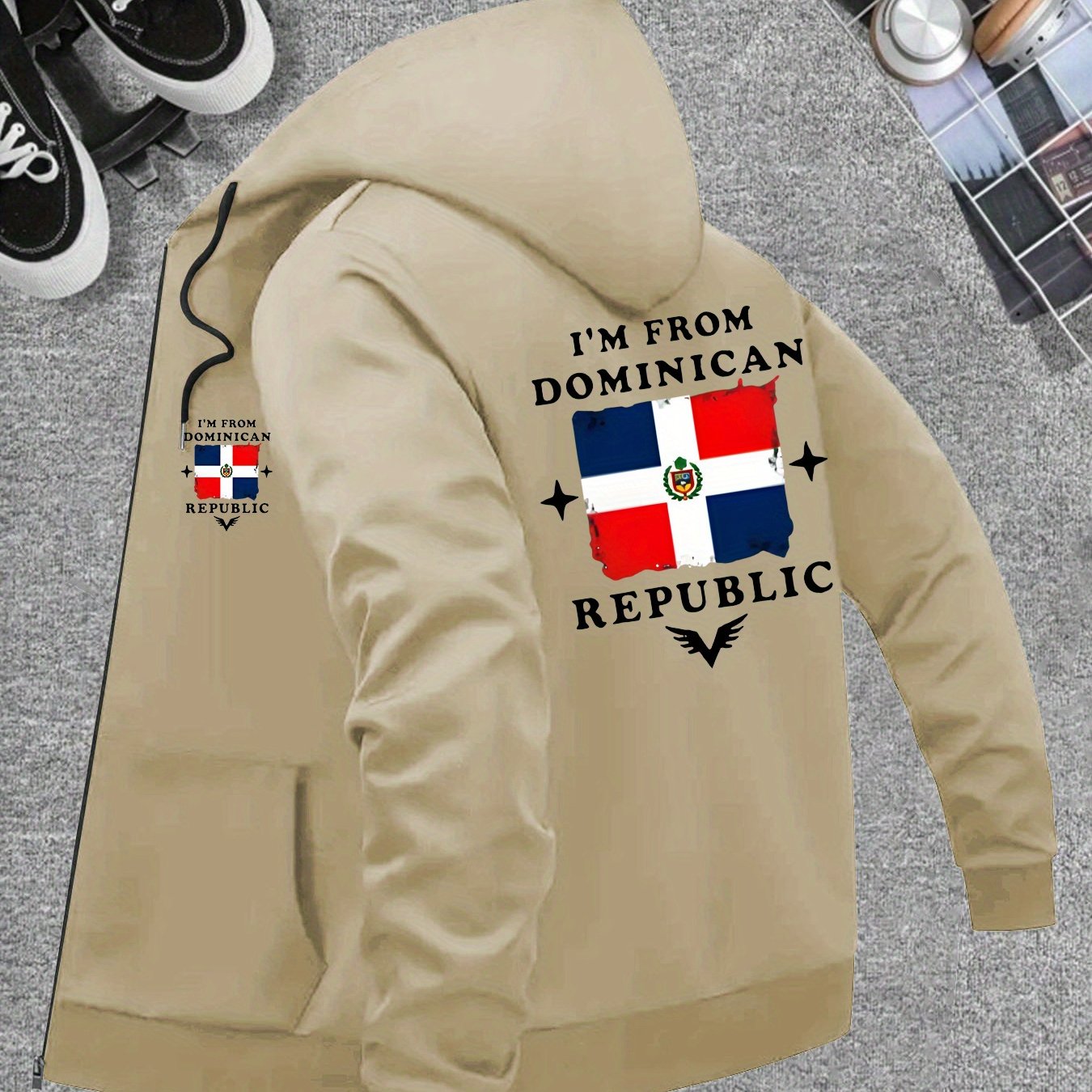 Men’s Windproof Hooded Jacket – “I’m from Dominican Republic” Print, Lightweight Zip-Up Casual Windbreaker, Black with Red &amp; White Flag Design, Ideal for Spring &amp; Fall Outdoor Wear