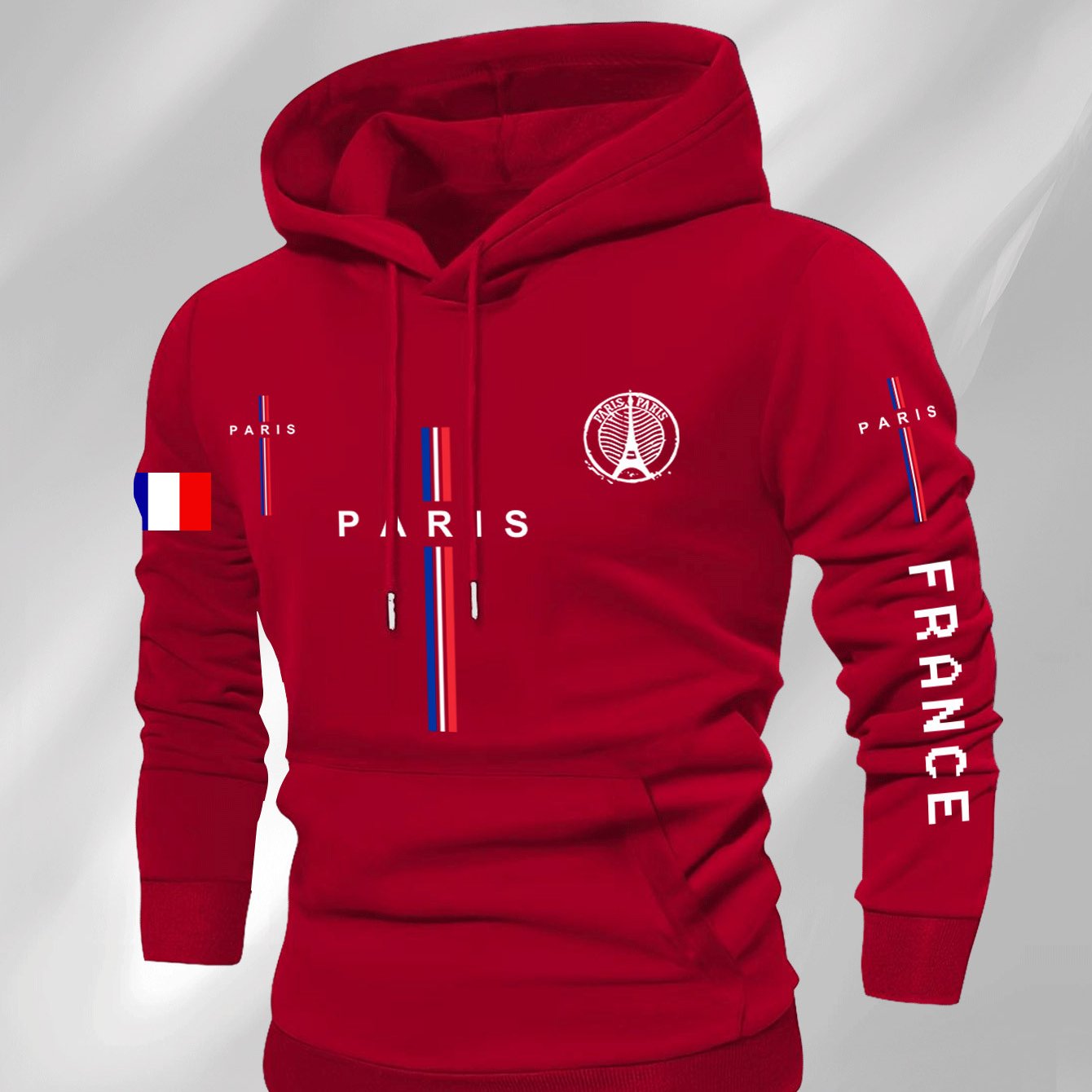 Men’s Casual Paris Graphic Hooded Sweatshirt – Geometric Print with Eiffel Tower & French Flag Stripes, Regular Fit, Beige, Autumn/Winter Casual Apparel