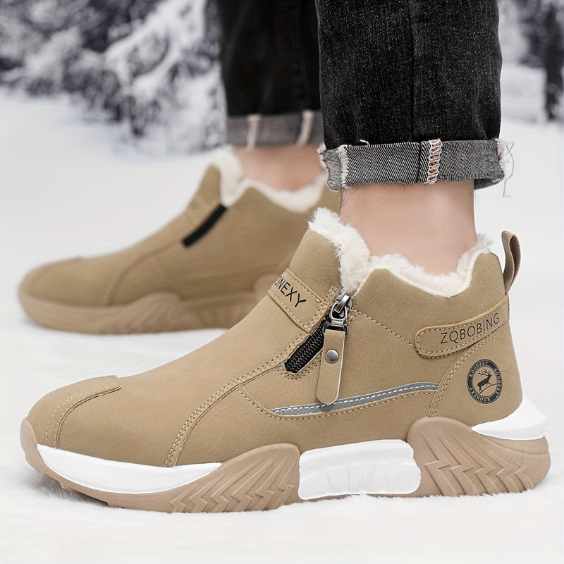 Men’s Winter Warm Snow Boots – Slip-Resistant Traction Tread, Zipper Closure, Ankle Boots with PVC Sole, Ideal for Hiking, Hunting &amp; Work in Cold Weather – Beige/Black/Gray