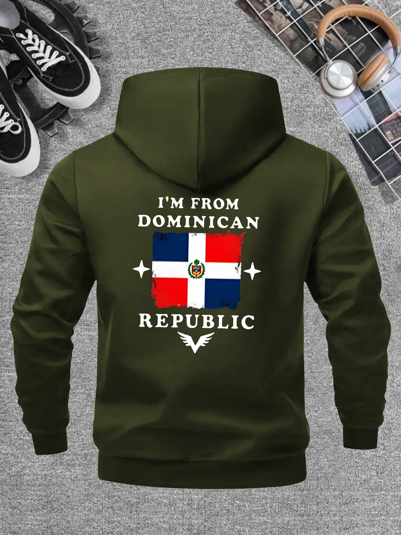 Men’s Windproof Hooded Jacket – “I’m from Dominican Republic” Print, Lightweight Zip-Up Casual Windbreaker, Black with Red &amp; White Flag Design, Ideal for Spring &amp; Fall Outdoor Wear