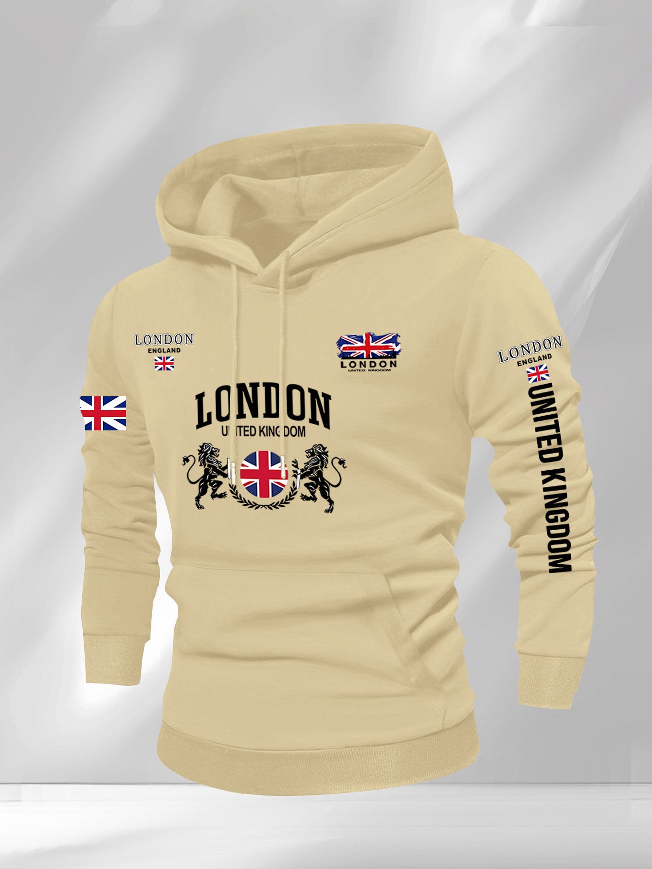 Men's British Union Jack & London Graphic Hooded Sweatshirt - Heavyweight 300gsm Polyester Knit, Casual Regular Fit Pullover with UK Landmarks Lettering (Big Ben, Fishermen), Autumn Winter Warmth, Machine Washable