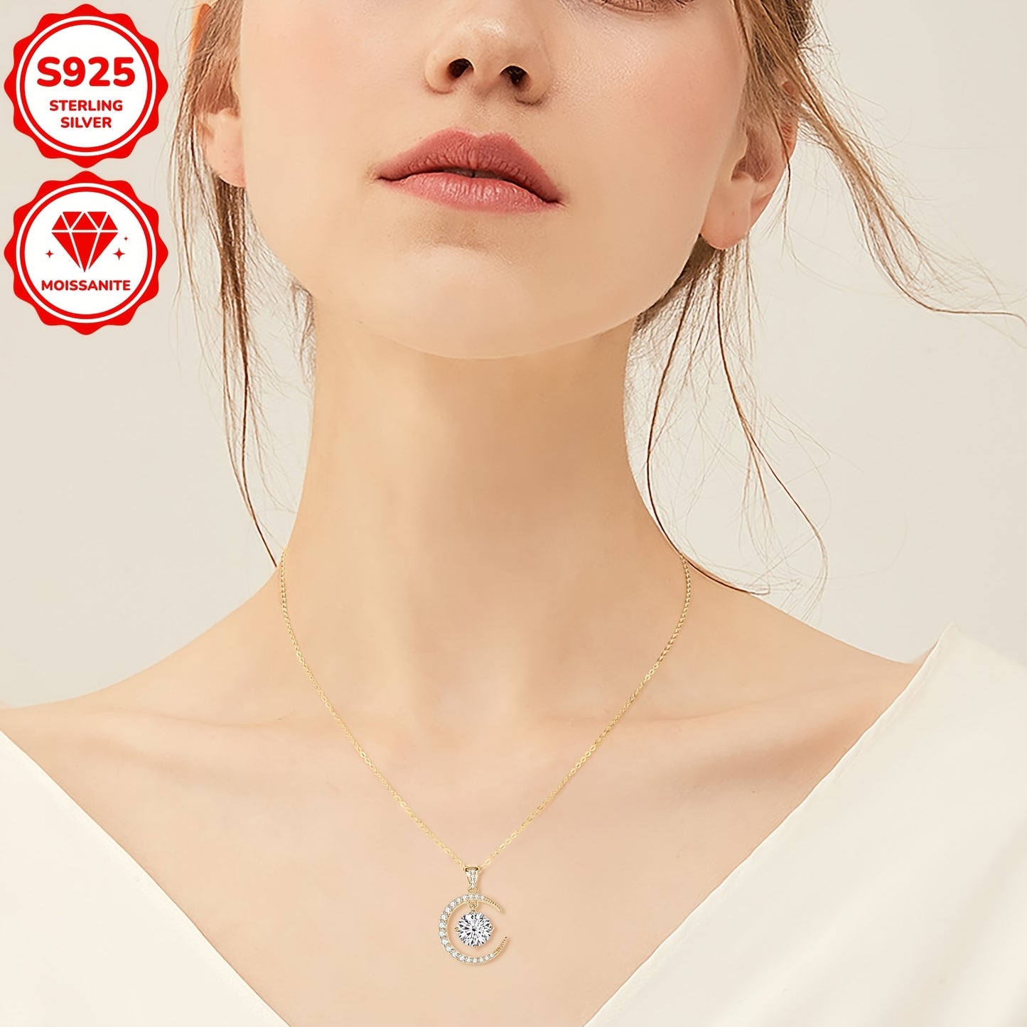 3.86g Silver, 2.31ct Moissanite Main Stone 8mm*1pcs-2CT; Total Carat of Side Stones 0.31ct 1 Strand 925 Sterling Silver Women's Pendant Necklace Moon Sun Element Round Moissanite Pendant Necklace Fashion Holiday Gift Jewelry