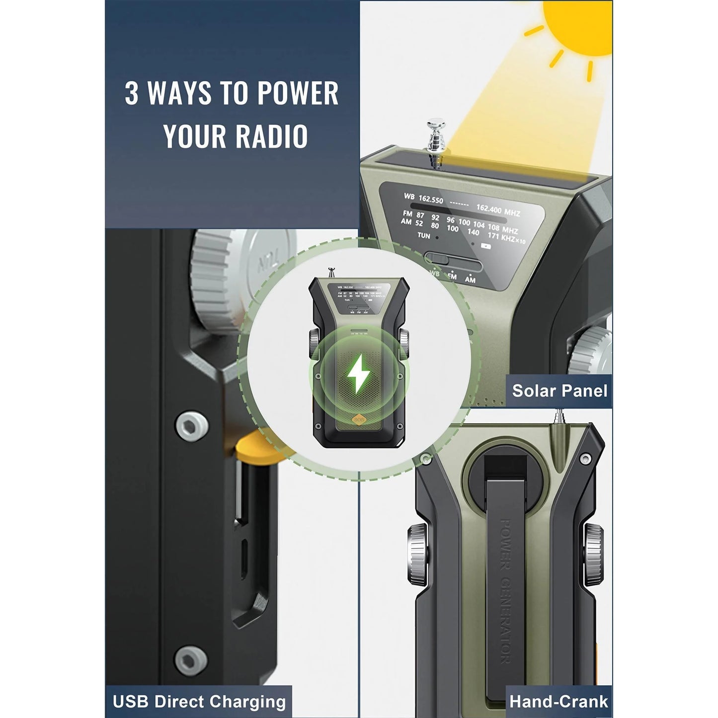 Weather Radio Emergency Multifunctional Radio FM AM WB Hand Crank Solar USB Charging 2000mAh Power Bank LED Flashlight Torch