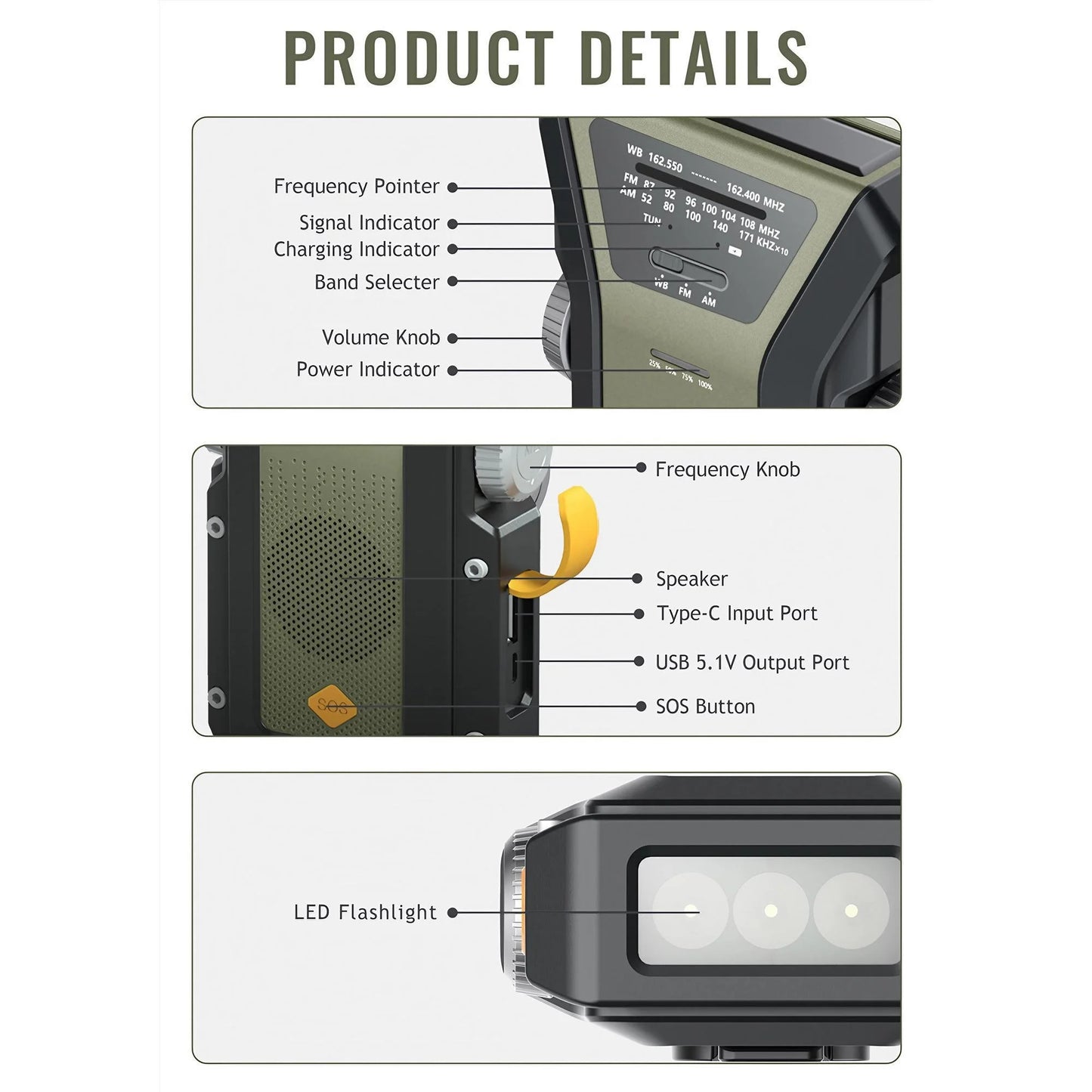 Weather Radio Emergency Multifunctional Radio FM AM WB Hand Crank Solar USB Charging 2000mAh Power Bank LED Flashlight Torch