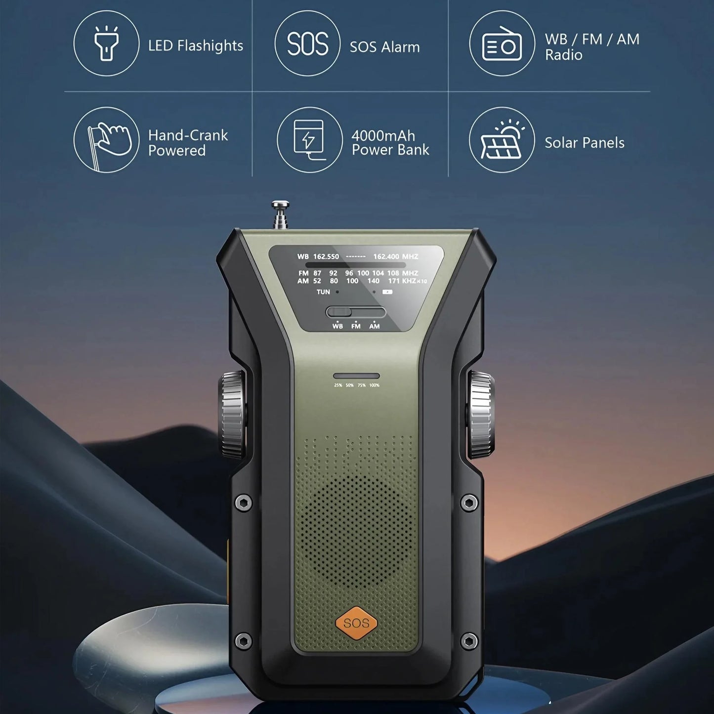 Weather Radio Emergency Multifunctional Radio FM AM WB Hand Crank Solar USB Charging 2000mAh Power Bank LED Flashlight Torch