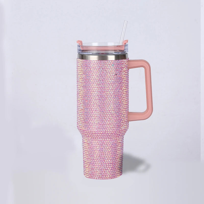 Thermos Vacuum Cup Shiny Diamonds Coffee Insulated Bottle with Handle Stainless Steel Car Mug Maintains Heat Cold 40oz Bottle