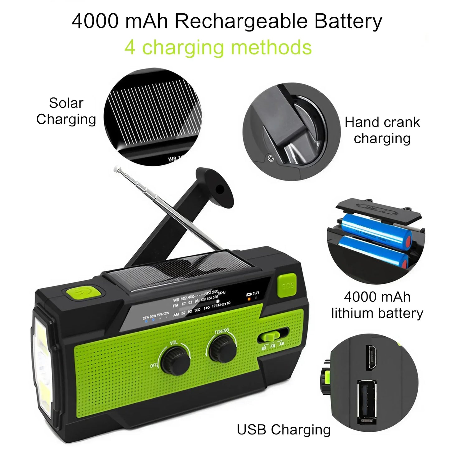 Weather Radio Emergency Multifunctional Radio FM AM WB Hand Crank Solar USB Charging 2000mAh Power Bank LED Flashlight Torch