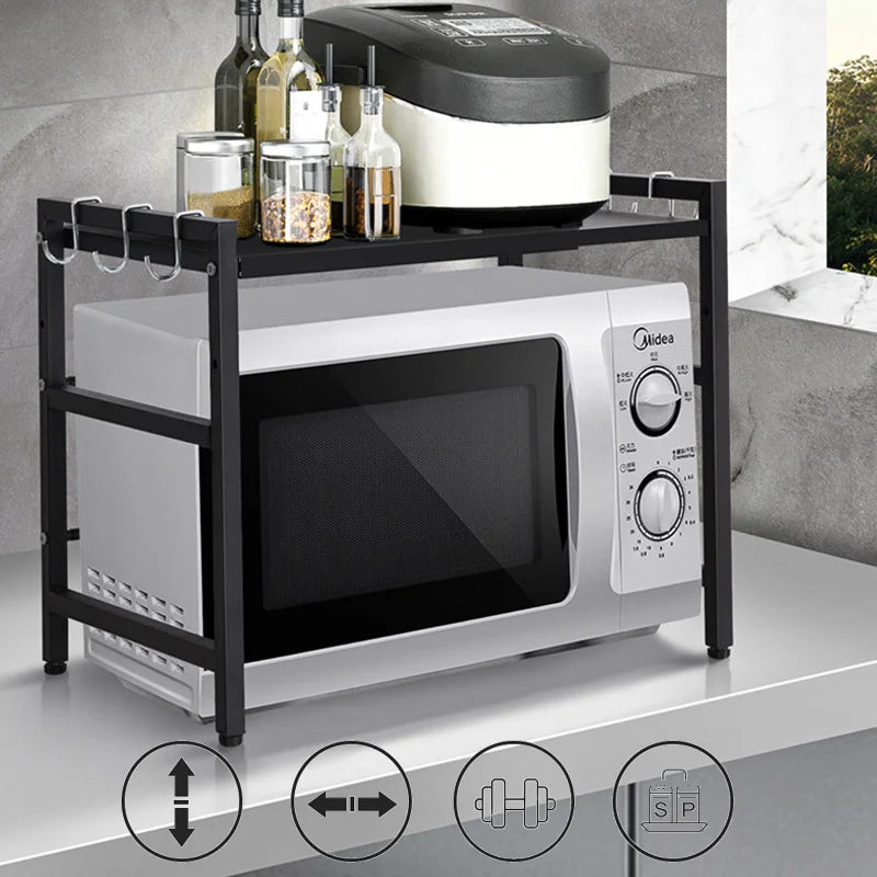 Tier Microwave Shelf – Carbon Steel Expandable Rack with 6 Hooks (White/Black)