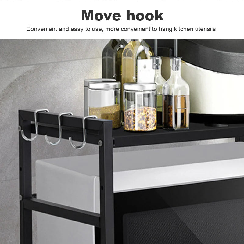 Tier Microwave Shelf – Carbon Steel Expandable Rack with 6 Hooks (White/Black)