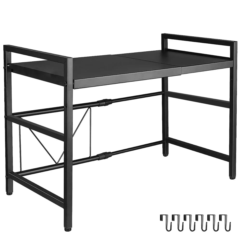 Tier Microwave Shelf – Carbon Steel Expandable Rack with 6 Hooks (White/Black)