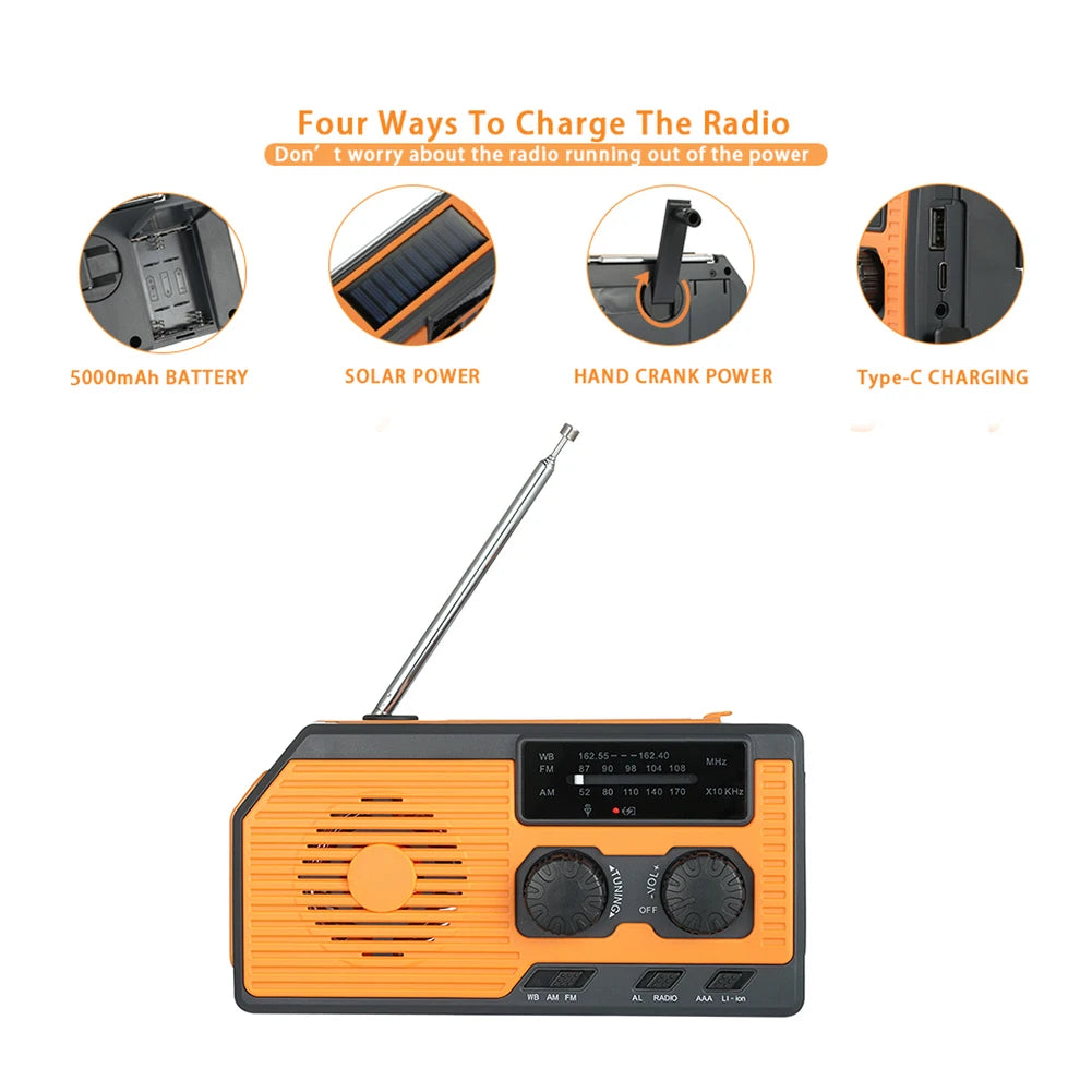 Solar Power Hand Crank Radio AM/FM/WB NOAA Weather Multifunctional Radio LED Flashlight Power Bank for Outdoor Camping Hiking