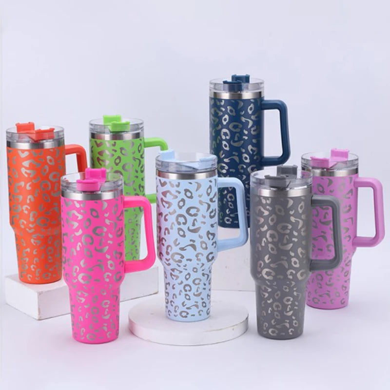 40oz Leopard Print Stainless Steel Insulated Car Tumbler with Handle & Straw – Coffee Thermos Travel Mug