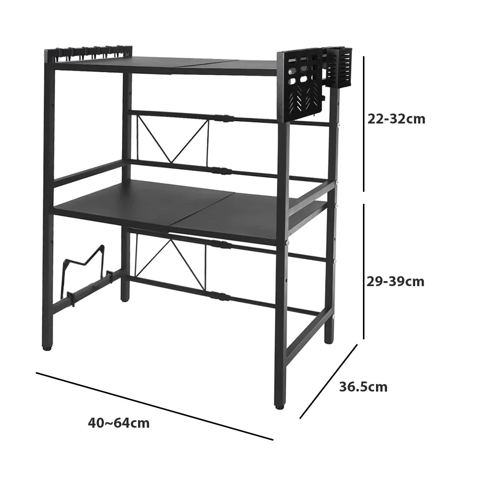 Tier Microwave Shelf – Carbon Steel Expandable Rack with 6 Hooks (White/Black)