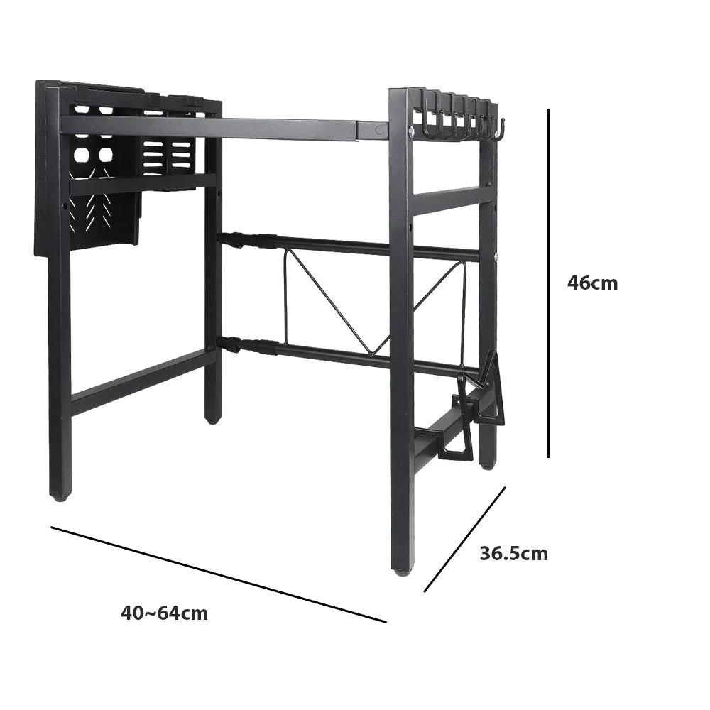 Tier Microwave Shelf – Carbon Steel Expandable Rack with 6 Hooks (White/Black)