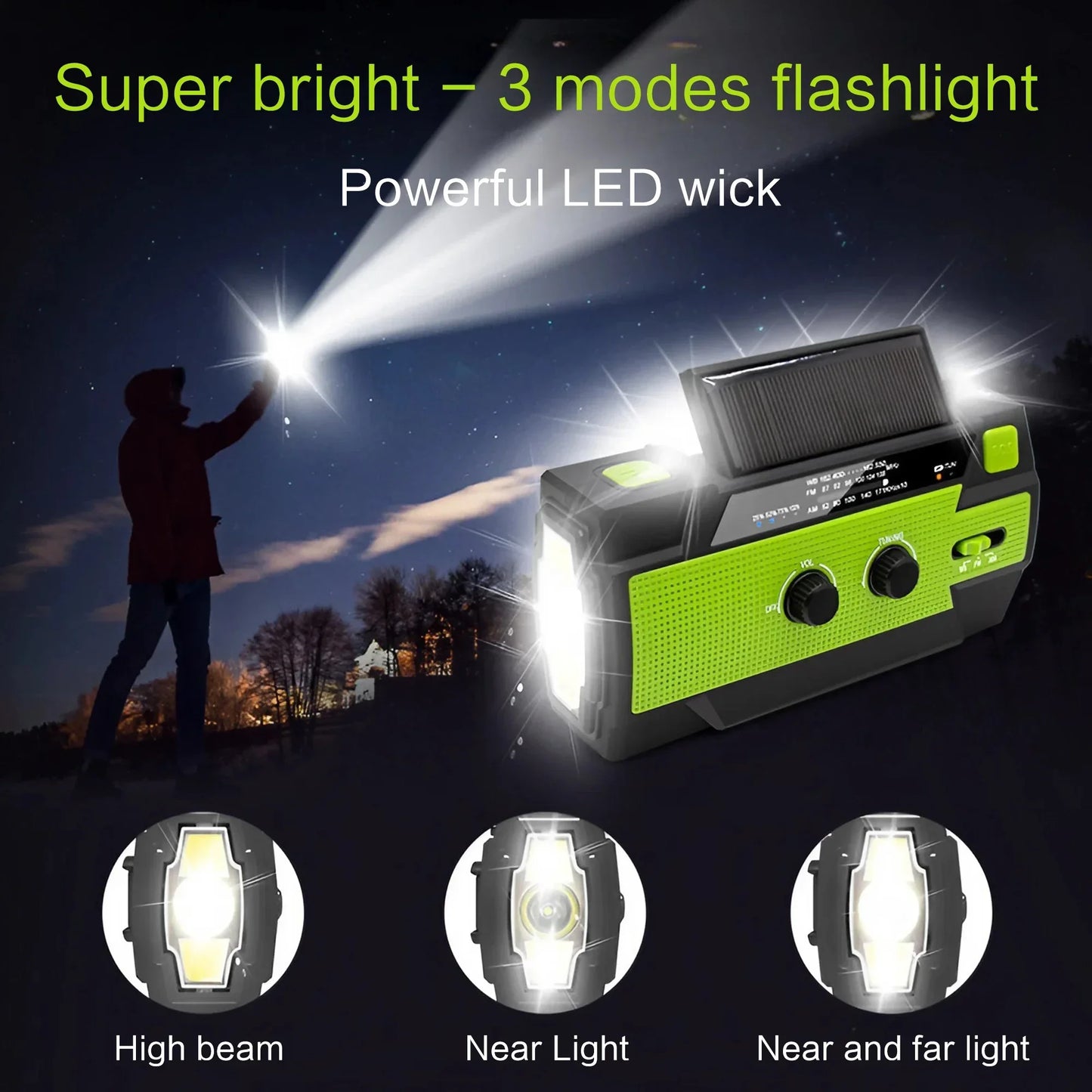 Weather Radio Emergency Multifunctional Radio FM AM WB Hand Crank Solar USB Charging 2000mAh Power Bank LED Flashlight Torch