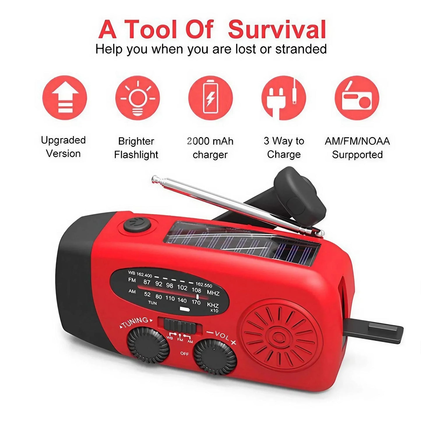 Weather Radio Emergency Multifunctional Radio FM AM WB Hand Crank Solar USB Charging 2000mAh Power Bank LED Flashlight Torch