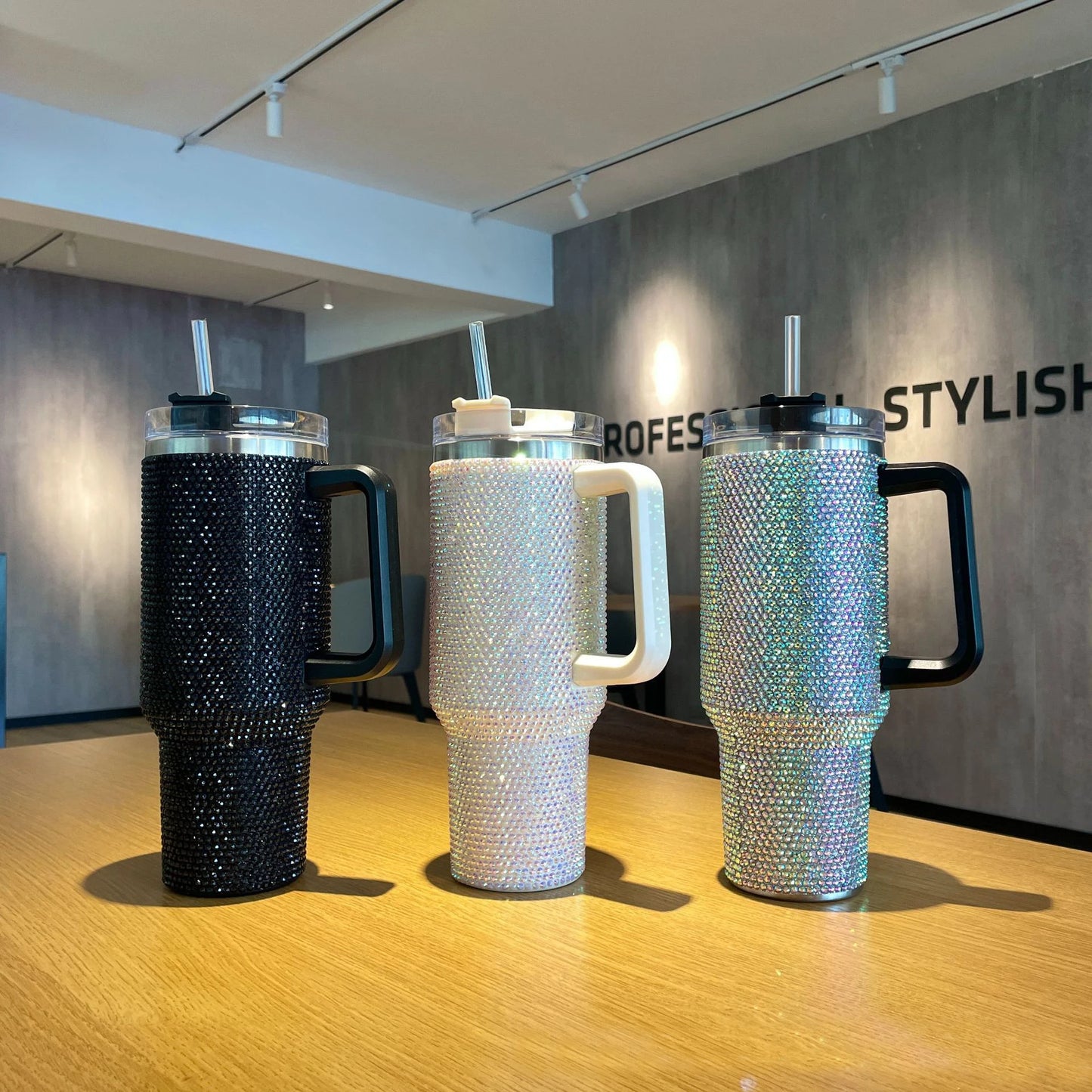 Thermos Vacuum Cup Shiny Diamonds Coffee Insulated Bottle with Handle Stainless Steel Car Mug Maintains Heat Cold 40oz Bottle
