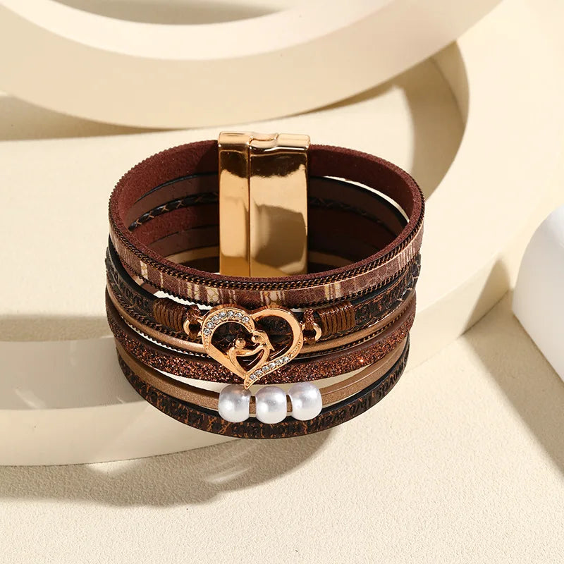 Women's Boho Leather Bracelet – Heart Charm
