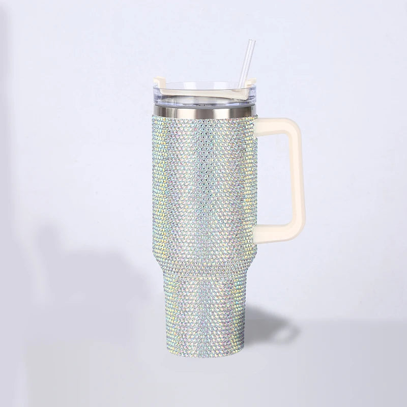 Thermos Vacuum Cup Shiny Diamonds Coffee Insulated Bottle with Handle Stainless Steel Car Mug Maintains Heat Cold 40oz Bottle