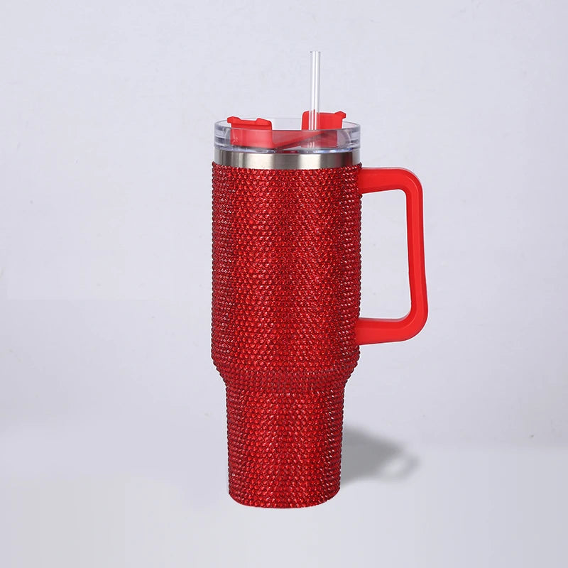 Thermos Vacuum Cup Shiny Diamonds Coffee Insulated Bottle with Handle Stainless Steel Car Mug Maintains Heat Cold 40oz Bottle
