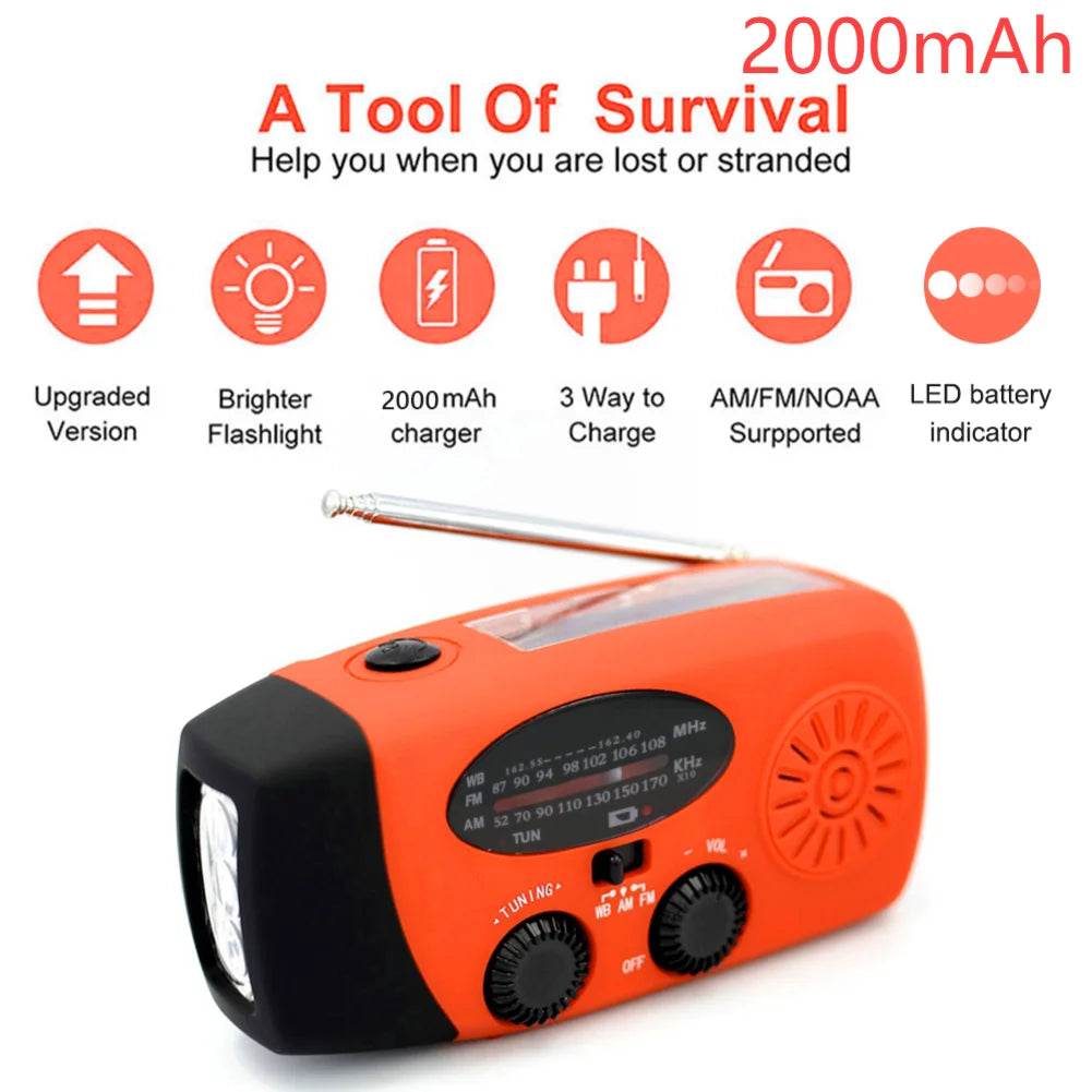 Solar Power Hand Crank Radio AM/FM/WB NOAA Weather Multifunctional Radio LED Flashlight Power Bank for Outdoor Camping Hiking