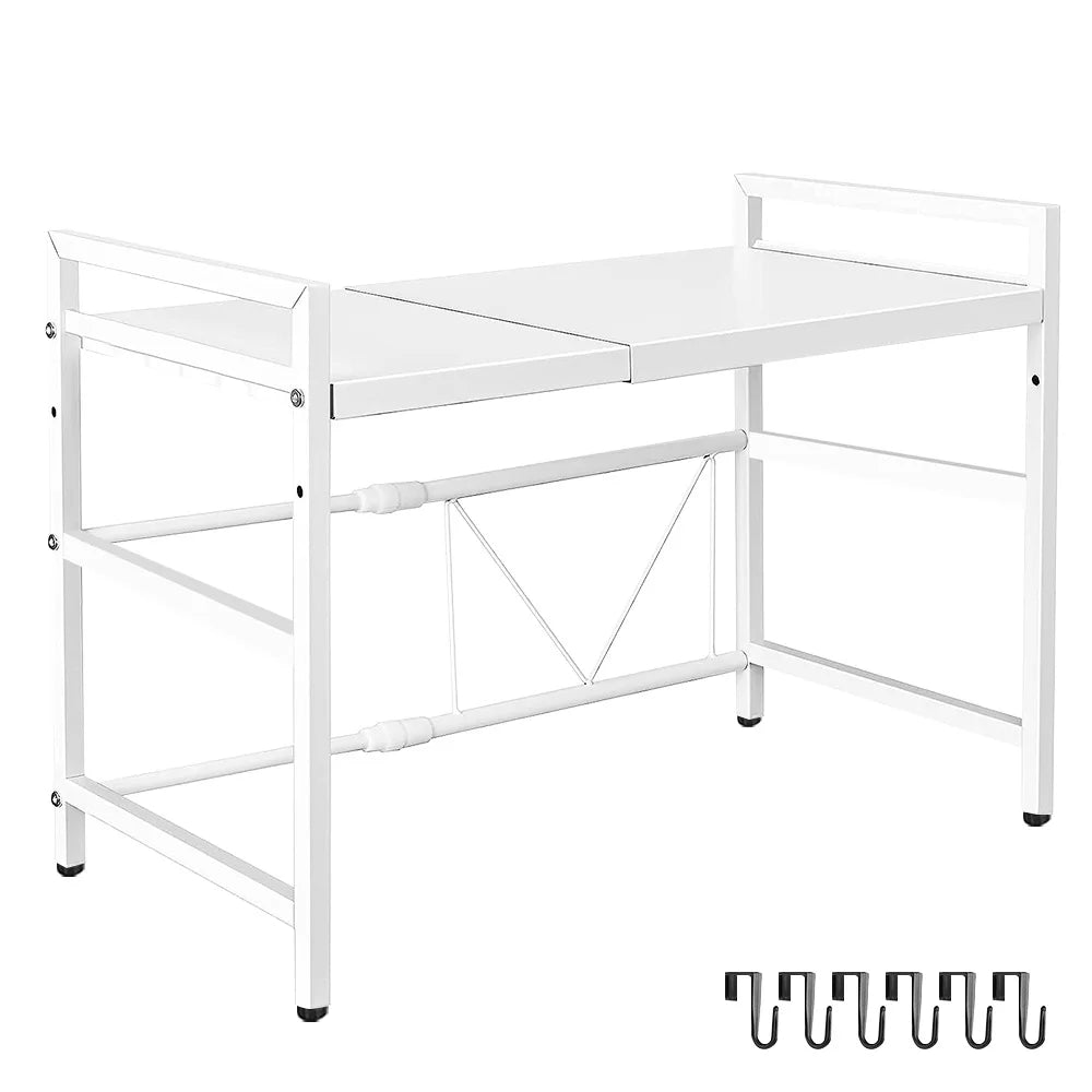 Tier Microwave Shelf – Carbon Steel Expandable Rack with 6 Hooks (White/Black)
