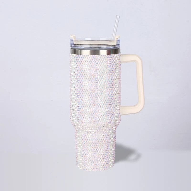 Thermos Vacuum Cup Shiny Diamonds Coffee Insulated Bottle with Handle Stainless Steel Car Mug Maintains Heat Cold 40oz Bottle