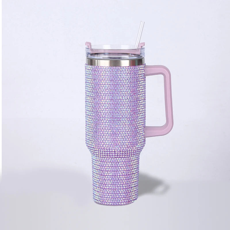Thermos Vacuum Cup Shiny Diamonds Coffee Insulated Bottle with Handle Stainless Steel Car Mug Maintains Heat Cold 40oz Bottle