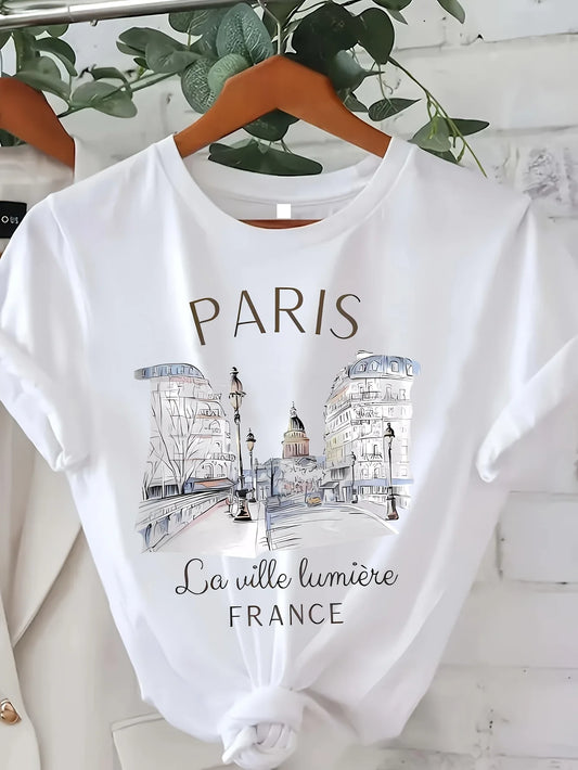 Paris Print T-Shirt for Women – Casual Short Sleeve Summer Top