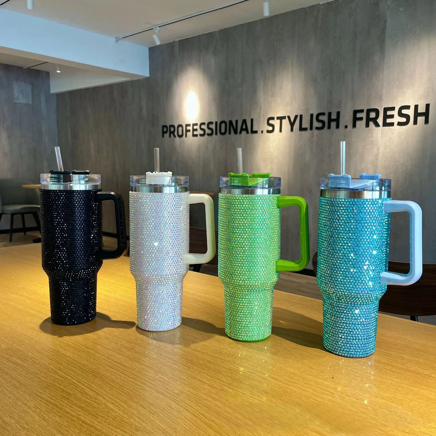 Thermos Vacuum Cup Shiny Diamonds Coffee Insulated Bottle with Handle Stainless Steel Car Mug Maintains Heat Cold 40oz Bottle