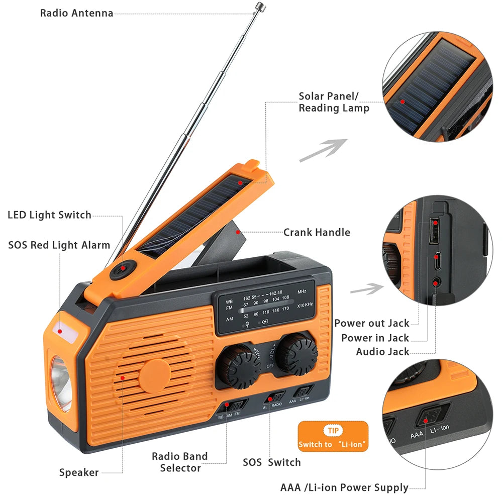 Solar Power Hand Crank Radio AM/FM/WB NOAA Weather Multifunctional Radio LED Flashlight Power Bank for Outdoor Camping Hiking