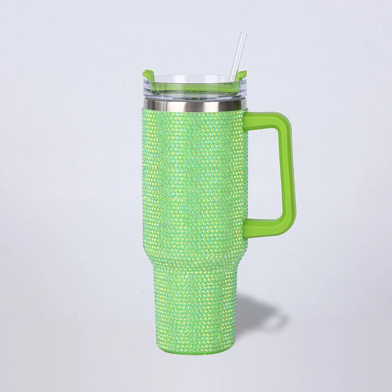 Thermos Vacuum Cup Shiny Diamonds Coffee Insulated Bottle with Handle Stainless Steel Car Mug Maintains Heat Cold 40oz Bottle