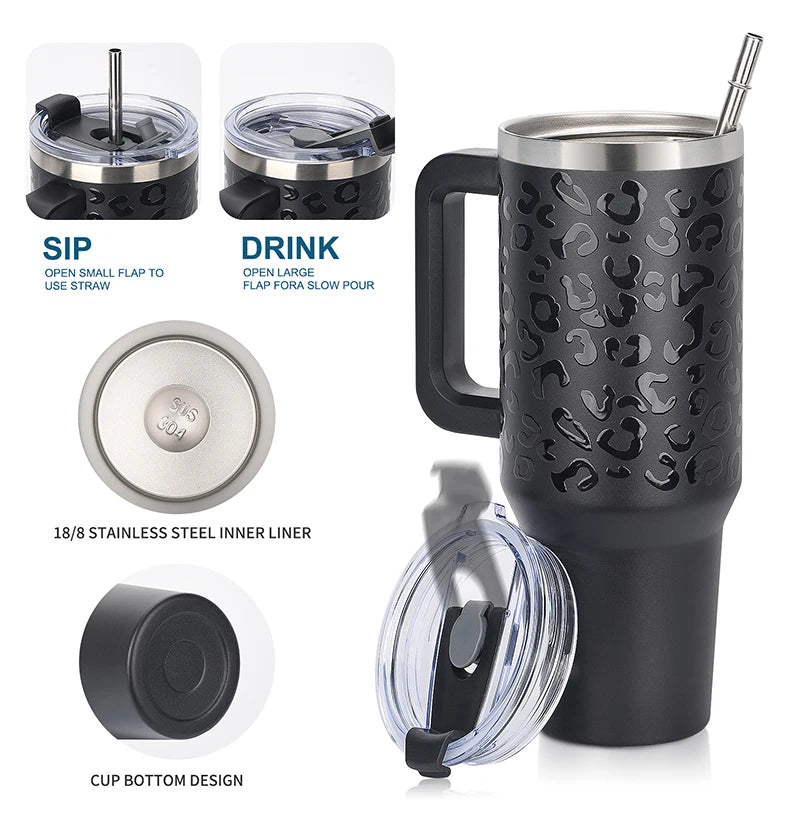 900/1200ml Large Capacity Stainless Steel Thermal Cup with Handle & Straw – 40oz Double-Wall Insulated Travel Tumbler Mug
